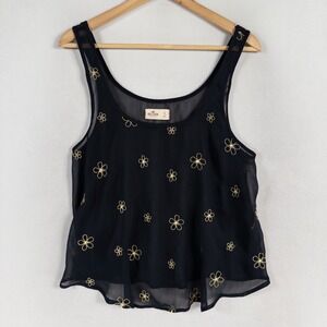Hollister Tank Top Sz Small Navy Blue Gold Floral Embroidered Flowy Sheer Boho